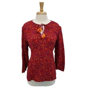 Womens S‎ Boho Festival Floral Tassel Blouse Red Orange Matilda Jane Peasant Top